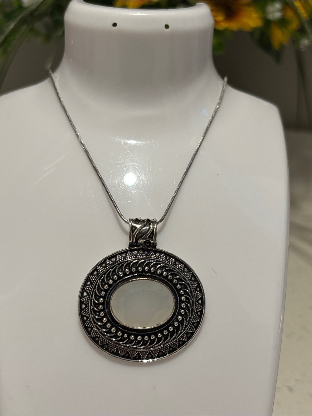 Silver Gray Chalcedony Gemstone Oval Pendant Necklace